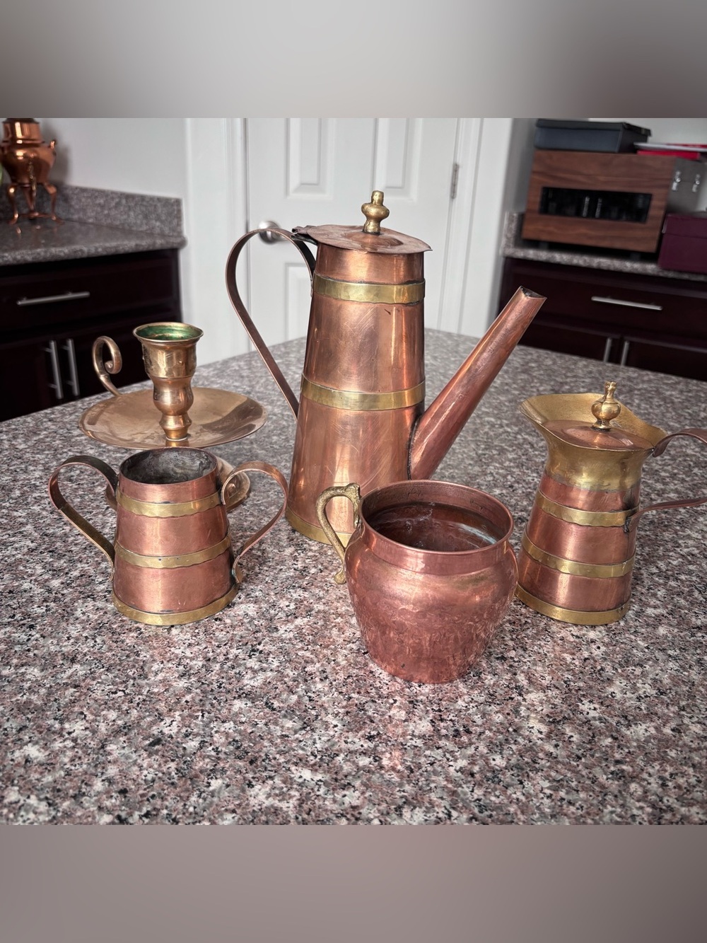 Antique Arts & Crafts Copper Brass Coffee Pot Pitcher Candlestick Set 5pc Lot